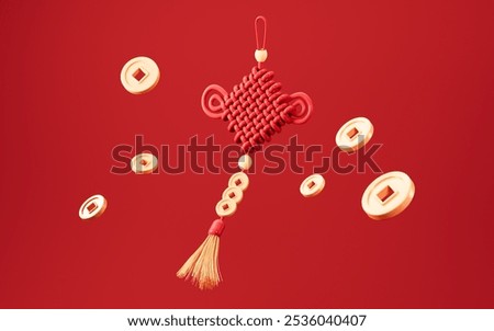 Chinese knot and floating Chinese coins, Chinese new year, happy new year, Chinese style theme, 3d rendering. 3d illustration.