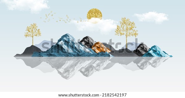 Chinese landscape art. Drawing black, blue, and golden mountains. sun, trees, birds, and sky in a light background. 3d modern canvas art mural wallpaper