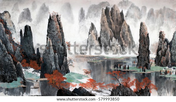 中国風景の霧の多い山と水 のイラスト素材