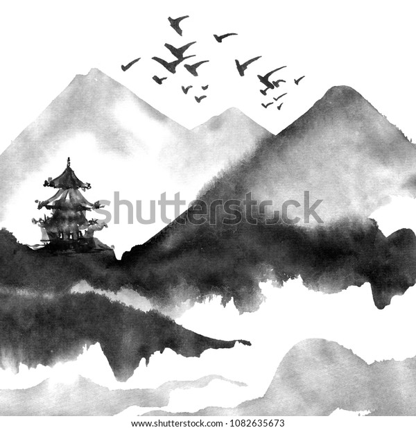 山 鳥 川 木 塔を持つ中国の風景 水彩 水墨画自然図 墨絵 有彩伝統画 のイラスト素材