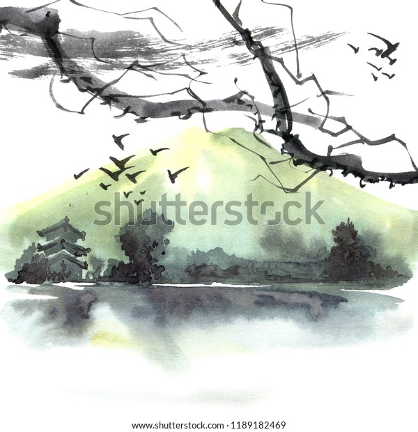 山 鳥 川 木 塔を持つ中国の風景 水彩 水墨画自然図 墨絵 有彩伝統画 のイラスト素材