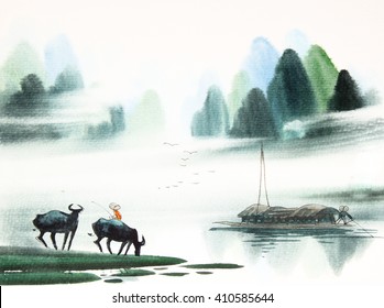 Chinese Landscape Watercolor Painting 