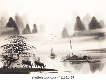 Chinese Landscape Watercolor Painting Stock Illustration 411631459 ...