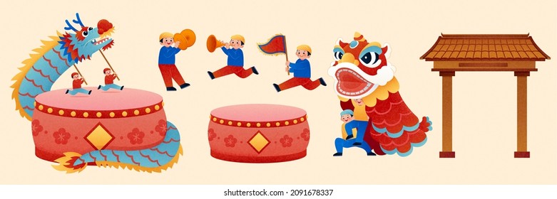 Chinese Local Folk Religion Activity Elements Isolated On Beige Background, Including Dragon And Lion Dance, Drum Instrument And Temple Gate