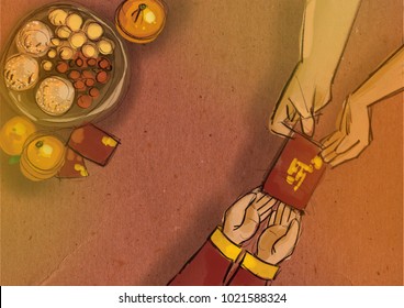 Chinese Lunar New Year Flat Lay Traditional Food With Mandarin Oranges And Offering. Family Member Hands Giving Red Packet To Toddler Hands