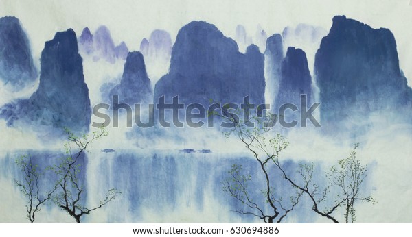Chinesische Berge Boote Wasser Und Nebel Stockillustration