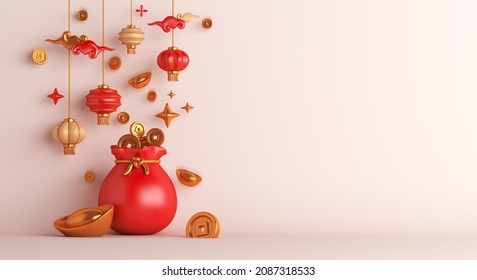 Chinese New Year 2022 With Lantern, Yuan Bao Gold Sycee And Coin Chinese Lucky Bag, Copy Space Text, 3d Rendering Illustration