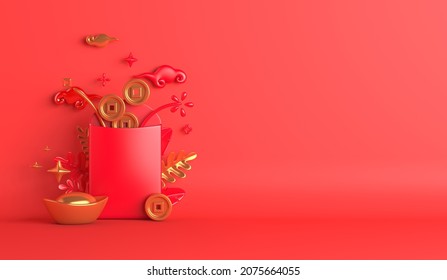 Chinese new year 2022 with Yuan Bao Chinese gold sycee and coin, envelope, copy space text, 3d rendering illustration - Powered by Shutterstock