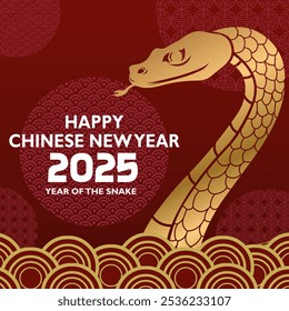 Chinese New Year 2025 celebration featuring the Year of the Snake. The design includes a golden snake on a red background with traditional patterns, and bold typography for the date. - Powered by Shutterstock