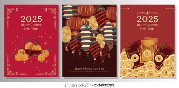 Chinese new year 2025, lunar year of the Snake. Red Snake illustrations, vertical design, banners. Red traditional Chinese vector designs with snakes. Lunar new year concept, geometric modern vector. - Powered by Shutterstock