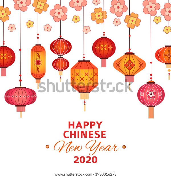 Chinese new year background. Asian lanterns,\
sakura branches and pattern flowers. 2020 lunar happy new year\
abstract concept