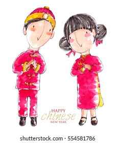 Chinese New Year Couple Character In Watercolor Style.