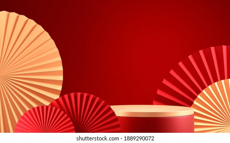 Chinese New Year, Golden Podium Display Mockup On Red Abstract Background With Hand Paper Fan For Product Minimal Presentation, 3d Rendering.