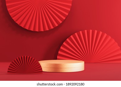 Chinese New Year, Golden Podium Display Mockup On Red Abstract Background With Hand Paper Fan For Product Minimal Presentation, 3d Rendering.