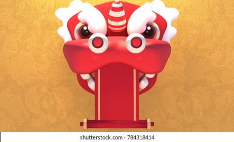 Chinese New Year lion mask and blank paper scroll. 3d rendering picture.