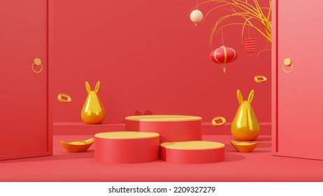 Chinese New Year Rabbit Symbol Of 2023 Year For Premium Products Display, Podium With Golden Rabbit Statue And Chinese Gold On Red Background. 3d Rendering