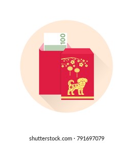Chinese New Year red envelope flat icon. Red packet with gold lanterns. Chinese new year design elements.