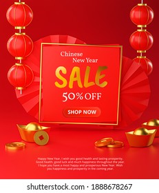 Chinese New Year Sale Square Frame Template Poster Design 3D Rendering 