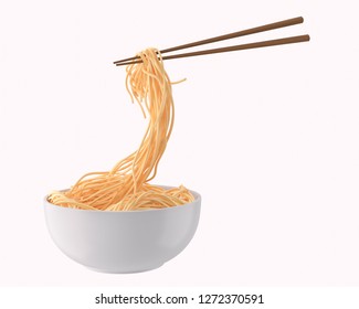 Chinese Noodle Or Japanese Instant Noodle Chopped With Chopsticks Form White Bowl, Twist Or Swirl Shape 3d Illustration.