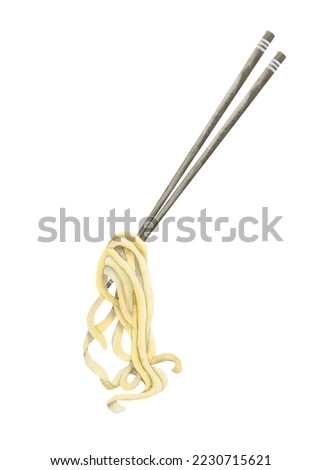 Chinese noodles with chopsticks watercolor illustration on white. Pasta. spaghetti for recipe, menu, web design