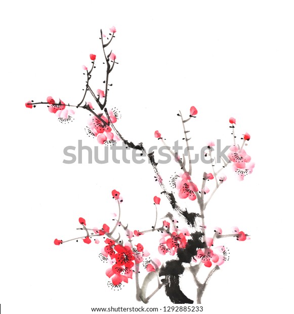 白い背景に中国の花図 梅の花 のイラスト素材 1292885233