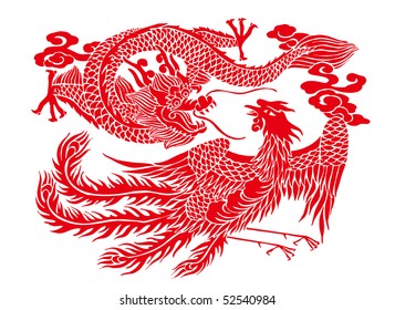 Chinese paper cutting - Auspicious Dragon and Phoenix pattern