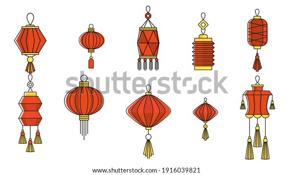Chinese paper lanterns\
set. Oriental, Asia and Japan culture. Asia culture symbols,\
graphic modern illustration. For New year greeting card decoration.\
Flat\
illustration.