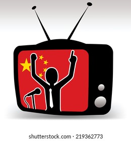 chinesischer Politiker im Fernsehen, der Mann spricht auf dem Stand mit chinesischer Flagge auf Hintergrund 
