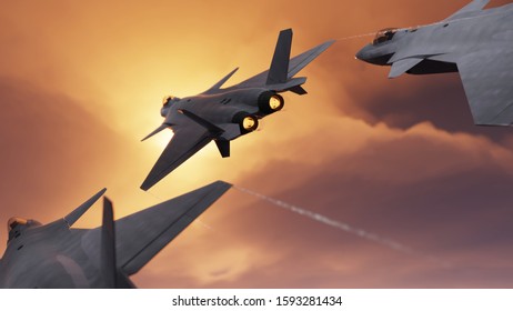 Chinese Stealth Military Fighter Jets Flying Together Back View 3d Rendering