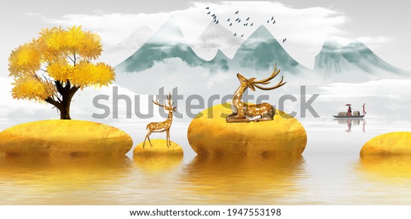 Chinese style Abstract gilt landscape painting nature themed wallpaper mural. 