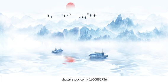 Chinese style blue artistic conception landscape illustration 