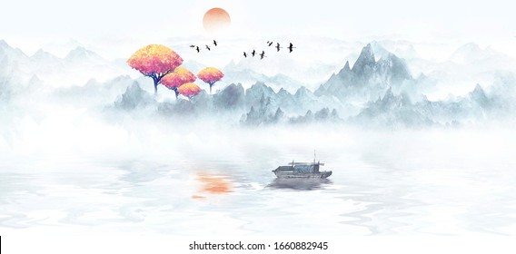 Chinese style blue artistic conception landscape illustration 