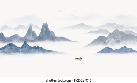 Chinese style blue mood landscape painting