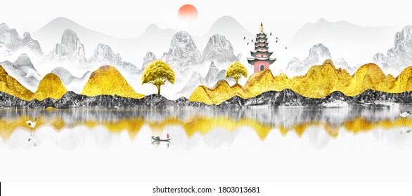 Chinese style golden landscape painting
