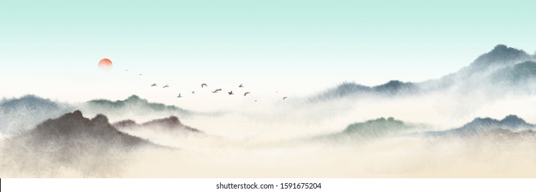 Green Chinese Ink Landscape Watercolor Ink Stock Illustration 1643602180