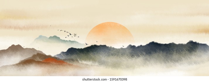 Chinese style Oriental ink painting,Ink landscape painting with warm colors in sunny days， traditional classical ink painting