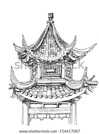 Chinese Temple Drawing Black White Stock Illustration 156617087