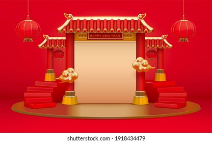 Chinese temple gate with staircases and copyspace. 3d element isolated on red background. Suitable for Asian or Chinese culture decoration.