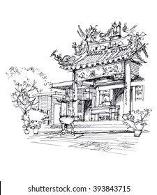 Chinese Temple Pen Drawing Sketch Illustration