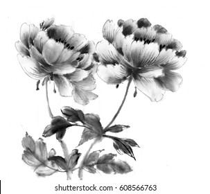 Chinese traditional black and white ink brush hand painted - peony flowers