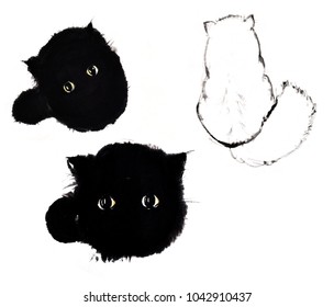 Chinese Ink Minimalism Original Black Cat Drawing Animal's Collection