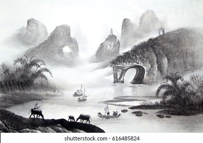 Chinese Traditional Painting Landscape Stock Illustration 616485824 ...