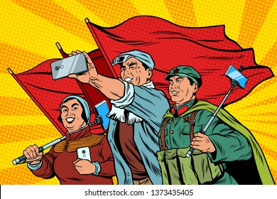 Chinese Workers With Smartphones Selfie, Poster Socialist Realism. Pop Art Retro  Illustration