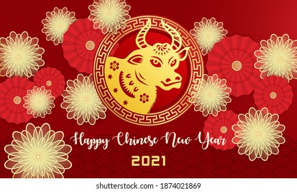 Chinese year of ox made by traditional Chinese paper cut arts, 2021 Chinese New Year of Ox with flower background. - Shutterstock ID 1874021869