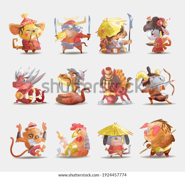 Chinese zodiac animals cartoon set of\
rabbit dog monkey pig tiger horse dragon goat snake rooster ox rat\
isolated cartoon hand draw\
illustration.