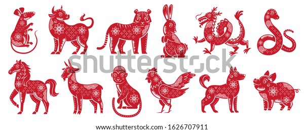 Chinese Zodiac\
New Year signs. Traditional china horoscope animals, red zodiacs\
silhouette. Astrological calendar cat, dragon and tiger mascots.\
Isolated  illustration icons\
set