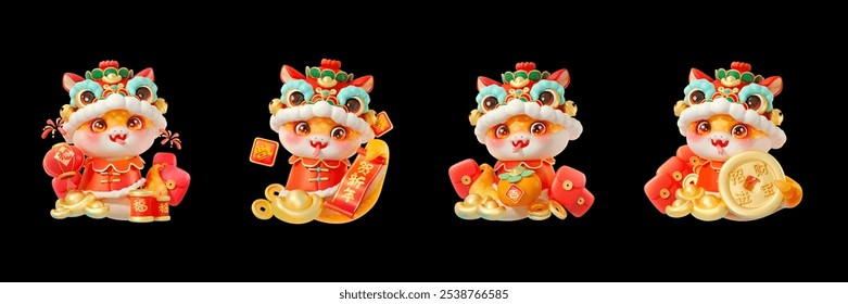 chinese zodiac snake 3D mascot illustration design. chinese new year cute cartoon snake mascot isolated on black background. translation from left: blessing, happy new year, lucky and prosperity  - Powered by Shutterstock