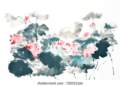 Chinese-style drawings, sketches, Lotus,Water Lily
