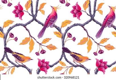 Chinoiserie Birds And Flowers Seamless Background, Romantic Floral Wallpaper