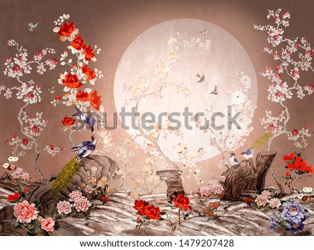 Chinoiserie style picture with abstract birds and plants. Moonlight landscape.